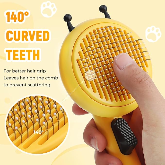 Kyakya Bee-Shaped Self-Cleaning Cat Brush for Shedding – One-Click Hair Removal & Soft Massage Grooming Brush, Washable Deshedding Tool for Cats & Dogs, Suitable for All Coat Types, Yellow