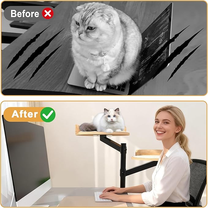Cat Desk Bed for Indoor, 15.75" Double Cat Beds for Desk with Mats, 360° Rotating & Height Adjustable, Each Supports up to 22kg/48.5 lb, Modern Furniture for Office Desks and Gaming Tables
