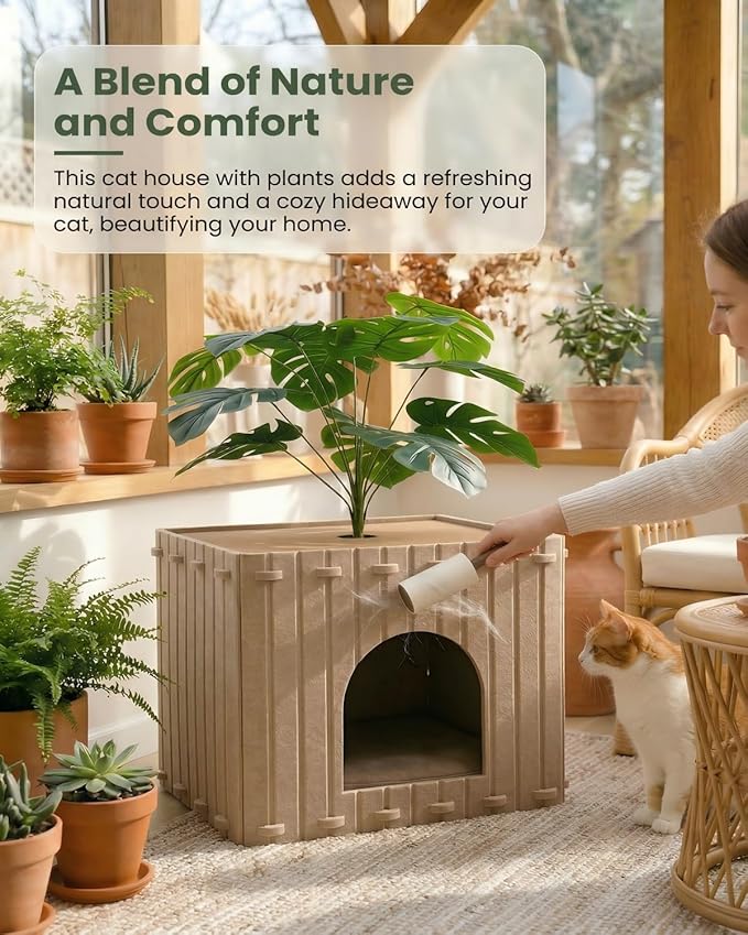 Cat Houses for Indoor Cats with Decorative Plants, Hidden Indoor Cat Bed Cave, Cozy Felt Design, Strong Scratch-Resistant Capacity, Hideaway Cat Condo, Ideal for Home Decor, Dark Camel
