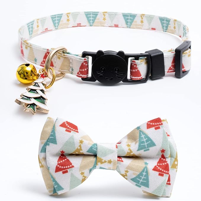 2 Pack Cotton Christmas Cats Collar with Bow Tie Beige Red Green Cat Collars for Girl Female Boy Male Cat Collar with Bell Christmas Trees Charms
