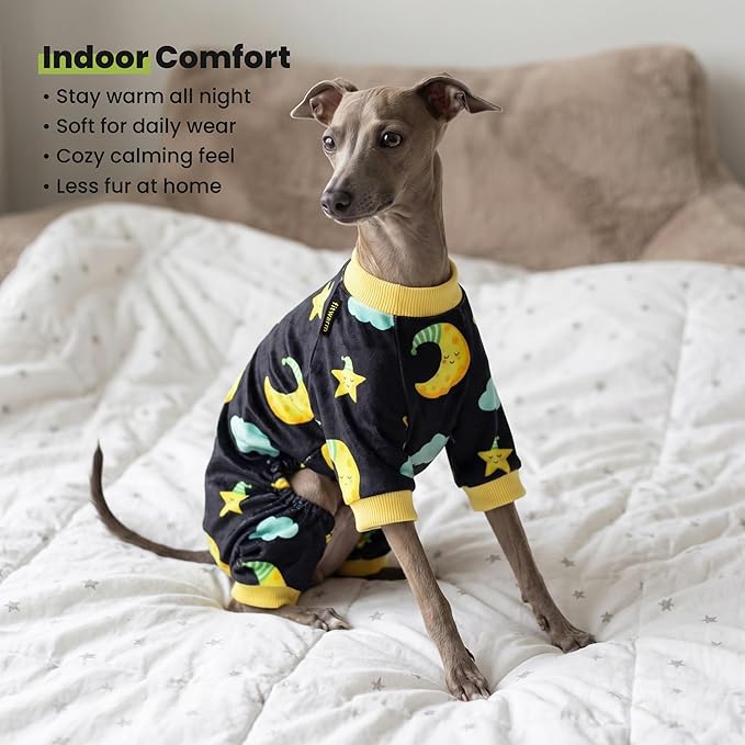 Fitwarm Moon and Stars Dog Fleece Pajamas, Cozy Winter Clothes for Small Dogs Boy Girl, Funny Pet Outfit, Black, Yellow, XS