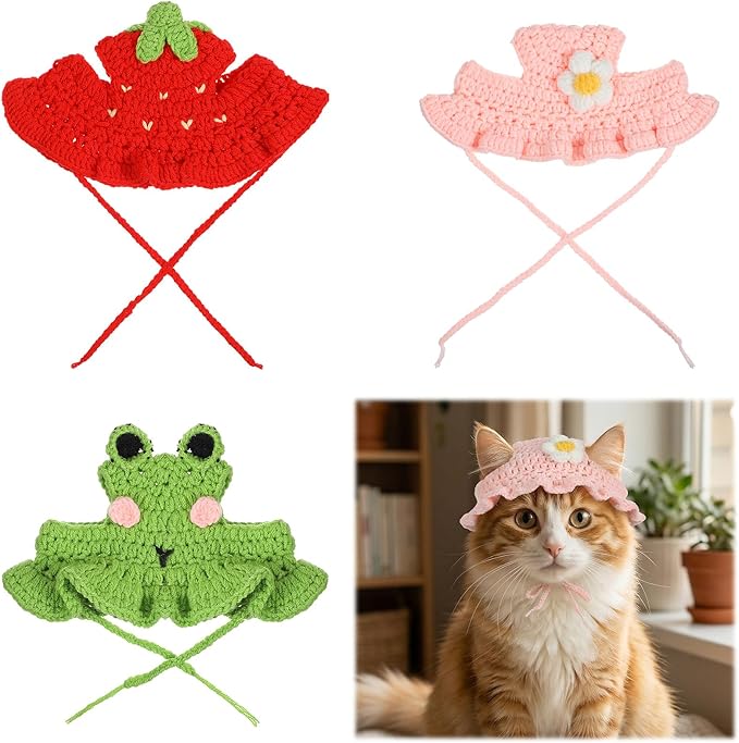 3pcs Frog and Strawberry Hat for Cat, Strawberry Dog Hat, Cute Pet Hats for Puppy Cat Kitten Dogs Birthday Party Christmas Halloween, 3 Colors