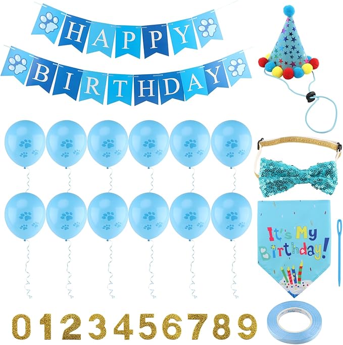 Cat Birthday Decorations Set - Cute Birthday Outfit with Hat, Bandana, Bow Tie, Balloons & Number Stickers for Kittens/Cats Party Photo Props & Festive Supplies
