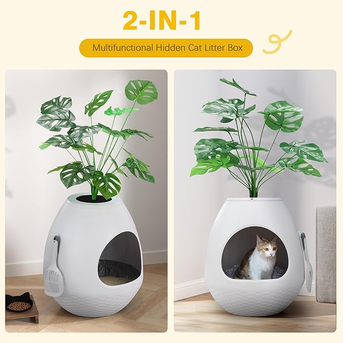 Eggloa6 Extra Large Hidden Litter Box with Plant Décor – Premium Litter Box Furniture with Smart Odor Control, 3PCS Cat Litter Box Liners for Ultimate Comfort and Cleanliness (White)
