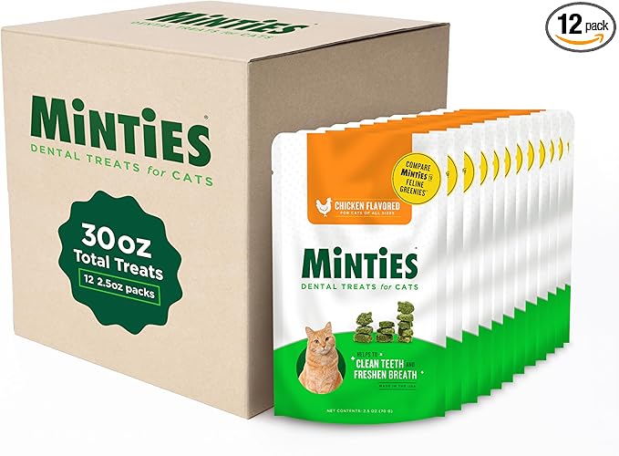 Minties Dental Treats for Cats, Chicken Flavored Treats for Cats, Freshens Breath and Controls Tartar, 30oz (12 2.5oz Bags)