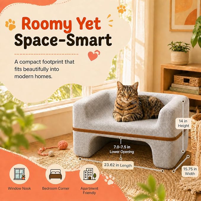 Cat Bed for Indoor Cats, 2-Tier Cat Cave Bed with Top Lounge & Lower Hideaway, Washable PET Felt Cat Sofa for Living Room, Bedroom, Apartment, Scratch-Friendly Cat Furniture, Light Gray