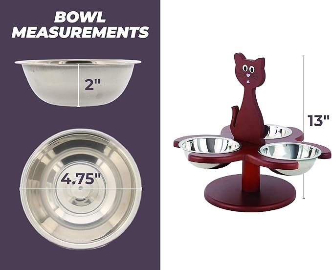 Etna Pet Store Elevated Cat Bowls - Wooden, Raised Pet Feeder Promotes Better Digestion, Easy on Joints - Multiple Feeder with 3 Removable Bowls for Food and Water - Brown