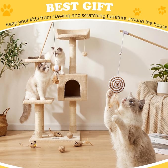 Leitee 16 Pcs Cat Interactive Toys Set Wooden Cats Teaser Wand Toy with Feather Handle Chew Rope Mouse Sisal Balls with Bells for Indoor Kitten Play Chase Exercise (Wooden Cat Wands Toys)