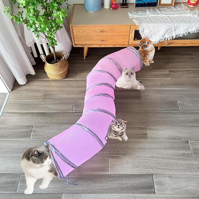 Cat Tunnel Tube Toy Collapsible 2 Way Pink, Pet Tunnels for Indoor Cats, Long Tubes for Kitten, Puppy, Rabbit, Interactive Toys for Fun Playtime & Exercise