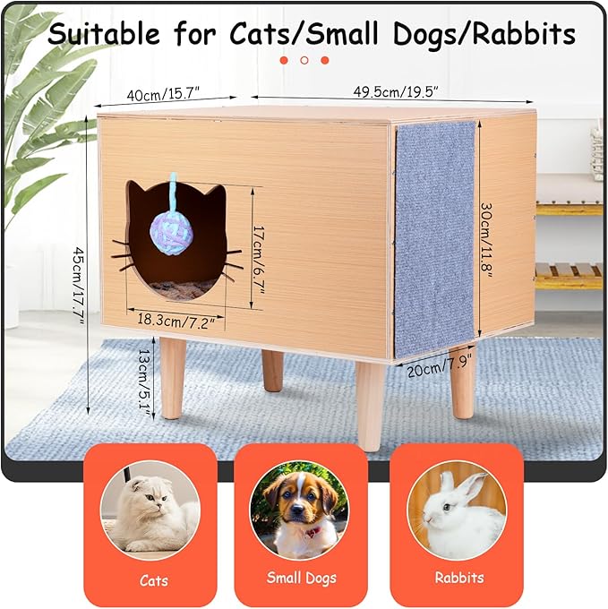 Cat House for Indoor Cat Bed Cave Wooden Condo with Cushion Scratcher Fluffy Ball Large Kitten Small Animal Stray Cats Hideaway Pet Cube