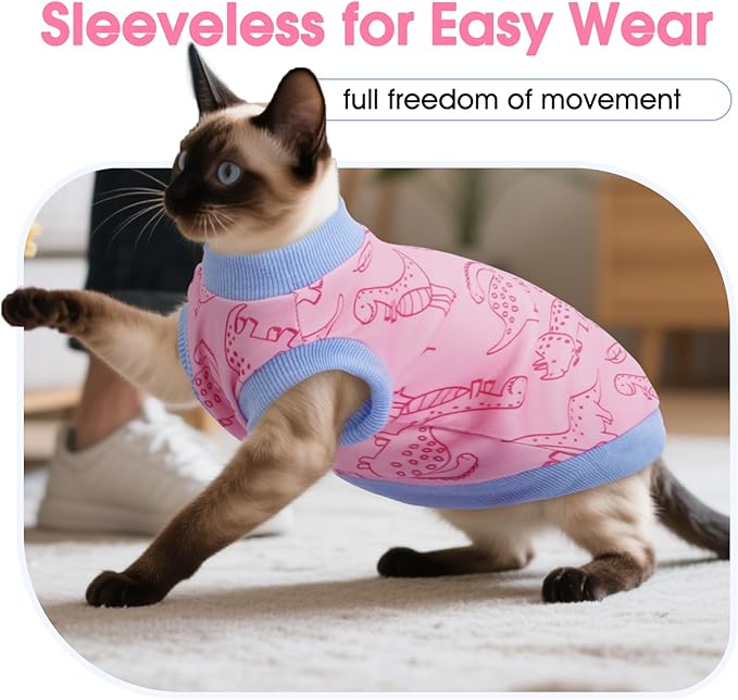 DENTRUN Sleeveless Cat Vest with Dinosaur Print, Breathable Ultra-Soft Dralon Fleece Cat Sweater, All-Season Pet Costume Apparel for Cats, Kitten Clothing for Indoor/Outdoor, Pink, XXL