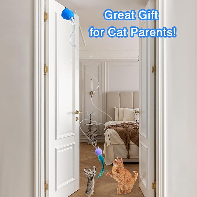 Cat Toys Interactive for Indoor Cats, Rechargeable Toy Hanging Door Electric with 4pcs Feathers Toys for Bored Kittens (Blue)