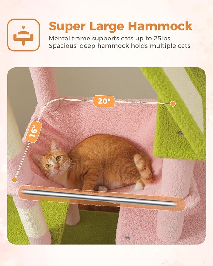MUTTROS Pink 71" Tall Cat Tree for Large Cat 20 lbs with Super Large Hammock, Heavy Duty Cat Tower with 4 Sisal Scratching Posts & 2 Spacious Condos for Big Adult Cats Maine Coon -Green