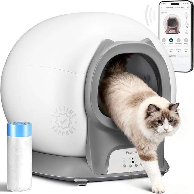 Petcove Automatic Self Cleaning Litter Box for Multiple Cats - PurrTek with Smart App (5GHz Wi-Fi), Triple Odor Control, Quiet Operation & Advanced Safety Sensors
