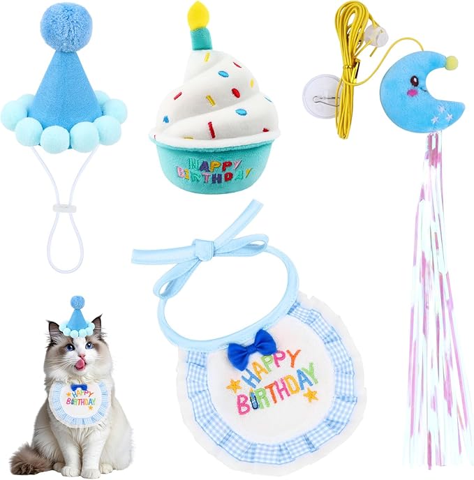 Cat Birthday Party Supplies - 4PC Cats Birthday Hat, Embroidered Bib, Cake Toy & Teaser Wand Cute Blue Costume for Cats Kittens Apparel Birthday Outfits