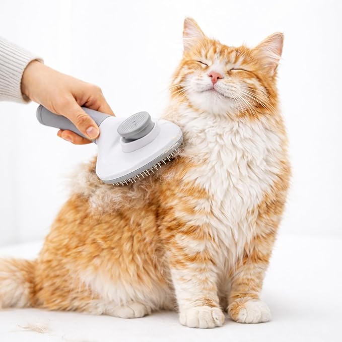 Cat Brush for Shedding, Self Cleaning Slicker Brush for Long Haired Cats, Deshedding Grooming Tool for Indoor Cats with Easy Release Button System (Grey)