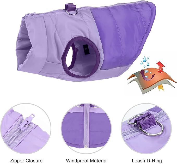 Winter Dog Coat with Leash Ring, Warm Jackets Puppy Cold Weather Coats Pet Clothes Cat Outfits for Small Dogs (Purple, Medium)