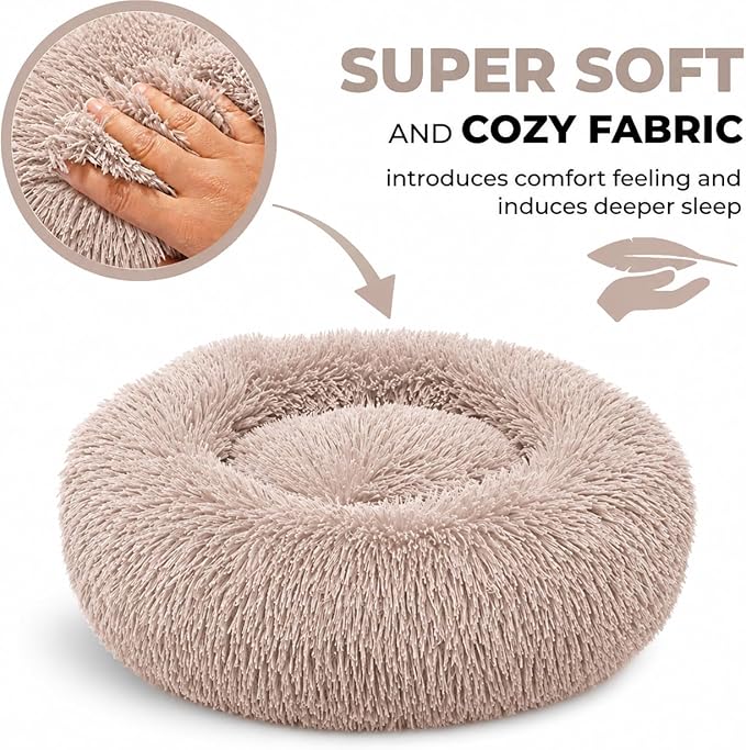 Whiskers & Friends Cat Beds for Indoor Cats, Fluffy Calming Donut Cat Bed, Small Dog Bed Washable - Orthopedic Soft Plush Pet Beds Sized for Kitten to Large Cats & Puppy to Small Dogs - Beige Brown