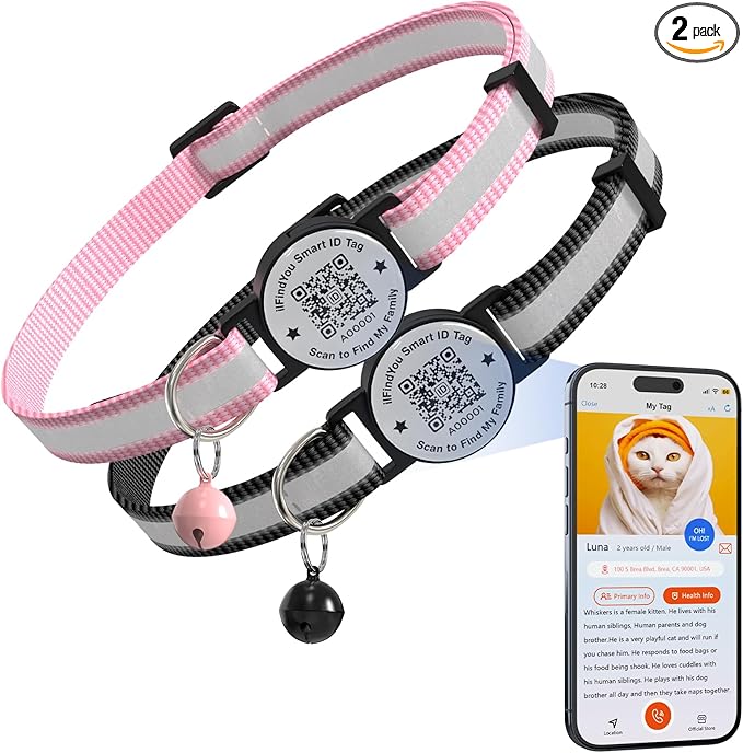 2 Pack Breakaway Cat Collar with Safety Bell & Reflective Strips | QR Code ID Tag & Name Plate | Adjustable for Kittens Black&Pink