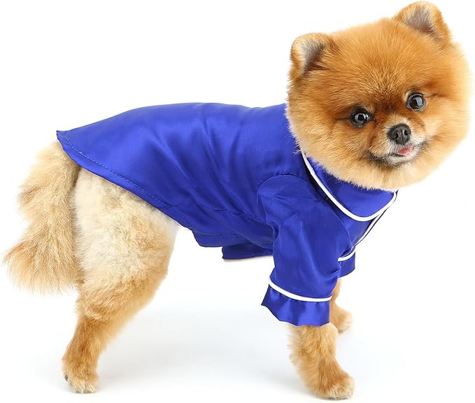 PAIDEFUL Soft Faux Silk Sleepwear for Small Dogs Cats Lapel Doggie Loungewear Lightweight Breathable Puppy Pajamas PJS Two-Legged Pet Shirt Clothes Summer Chihuahua Apparel Button Up,RoyalBlue,S
