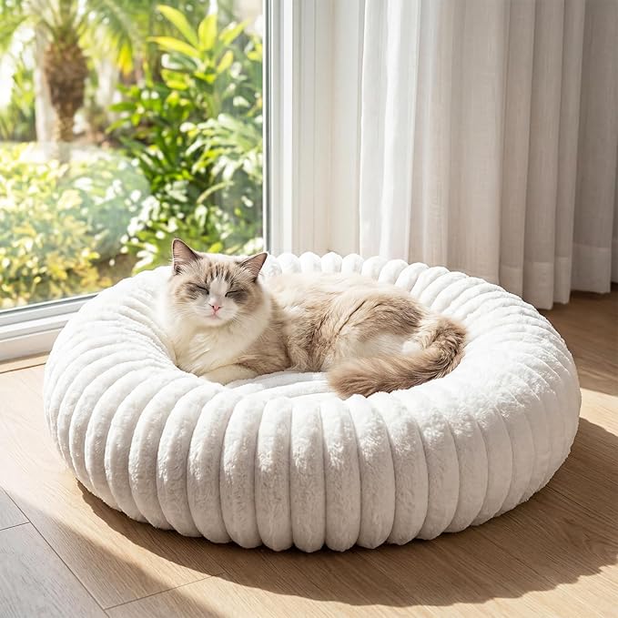 Self Warming Cat Bed, Donut Pet Bed for Indoor Cats and Small Dogs, Self-Heating Dog Bed with Non-Slip Bottom, Winter Comfort Dog Beds for Puppies, Washable & Portable Egg Tart Shape (S)