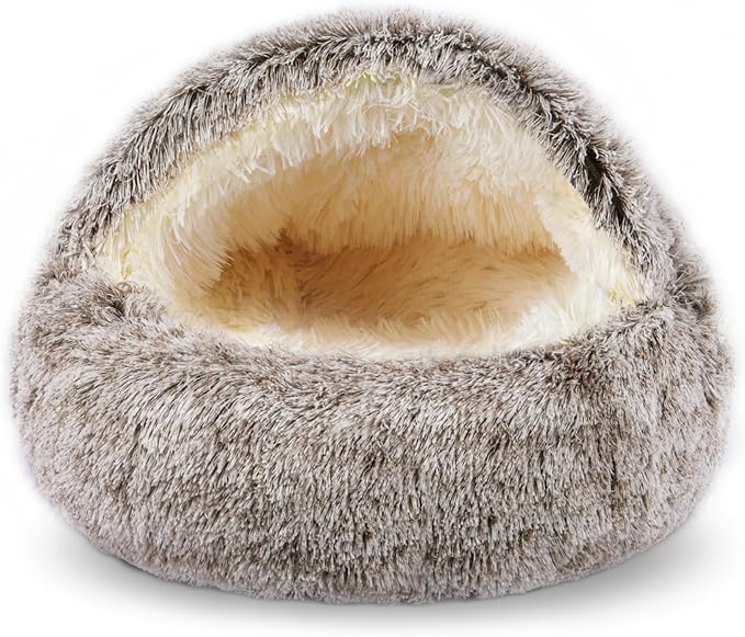 FORMYCATIE Cat Beds for Indoor Cats,Cat Cave for Puppy and Kitty,Calming Small Dog Bed for Small Dogs with Cover Cave,Cozy Warming Fluffy Washable Anti-Slip Pet Sleeping Bag (Khaki, 22 * 22inch)
