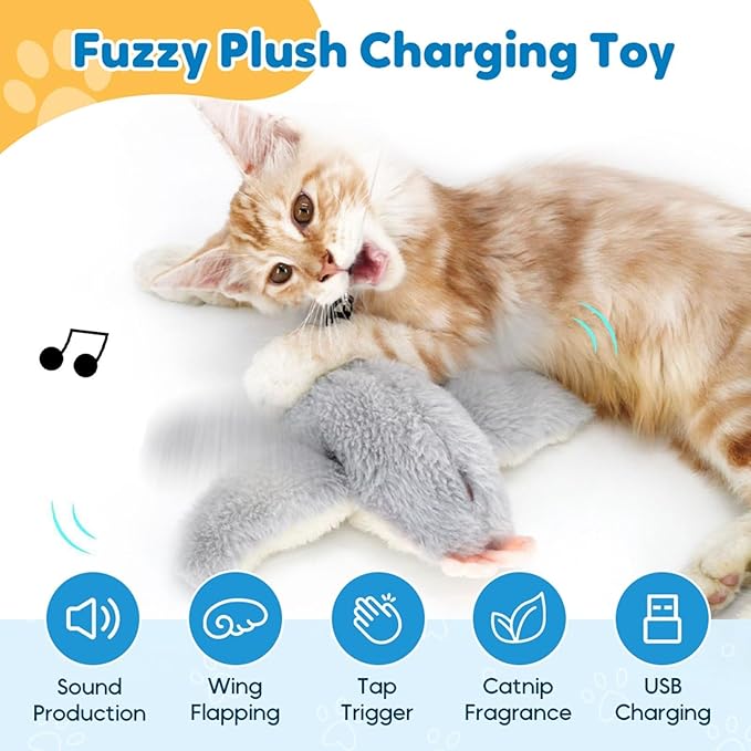 Upgraded Flappy Chase Cat Toy, Interactive Chirping Bird Cat Toy,Chirping Bird Cat Toy Flapping Wings, Flying Interactive Simulation Electric Cat Toy (Blue Large)