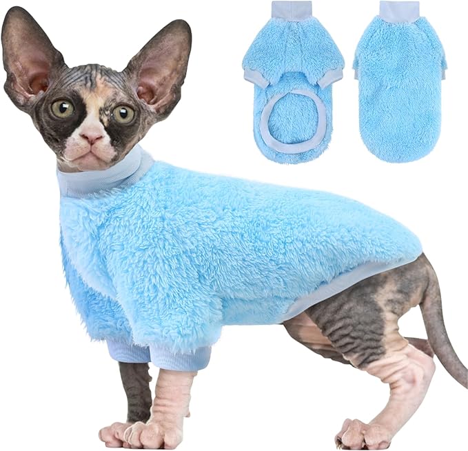 Sphynx Cat Sweater, Hairless Cats Turtleneck Pullover Kitten Sweaters for Cats Only, Warm and Soft Cat Pajamas Shirt with Sleeves Pet Winter Clothes Fleece Jumpsuit for Puppy, Blue S