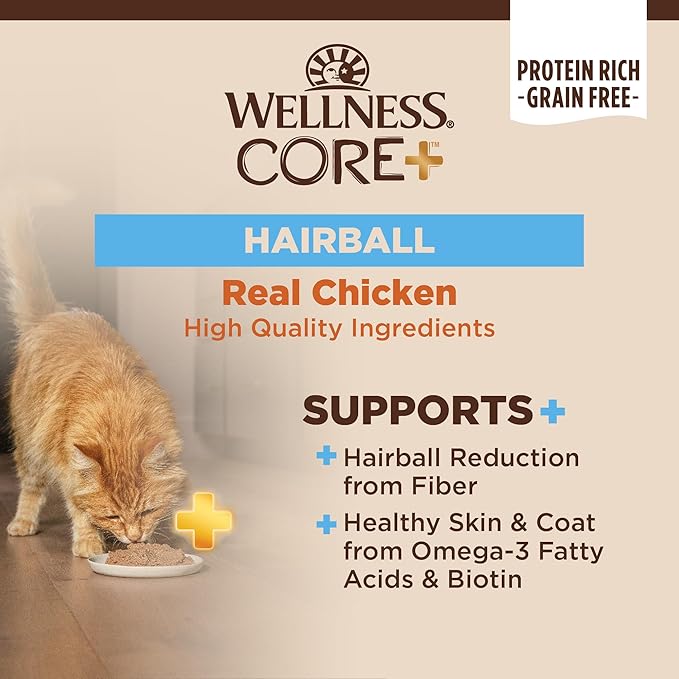 Wellness CORE+ Hairball Pate Adult Canned Wet Cat Food, Natural, Protein Rich, Grain Free, Chicken Recipe, 2.8 oz, Pack of 12 Cans