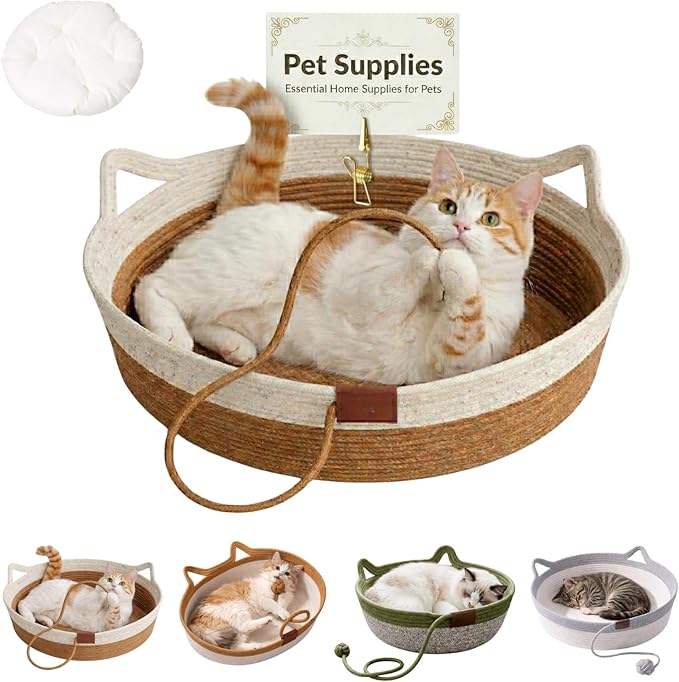 Interactive Cat Bed Basket Handwoven Cotton Rope Stimulicat Cat Basket with Toy Ball, Foldable Scratchable Instinct Basket for Cats & Kittens Stimuli Cat Basket Nest