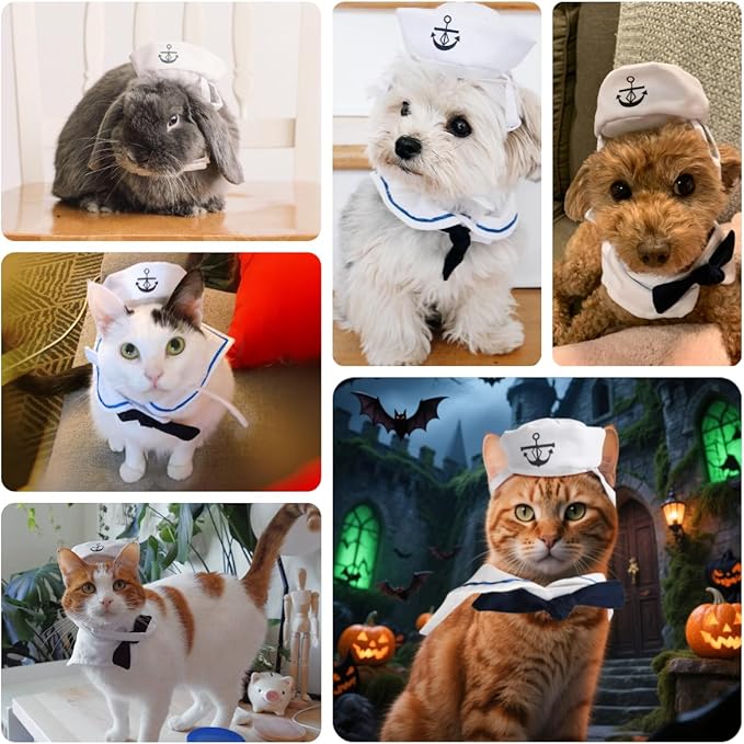 Cat Costume for Halloween Pet Sailor Outfit Navy Hat with Sailor Collar for Small Dogs/Dolls/Cats