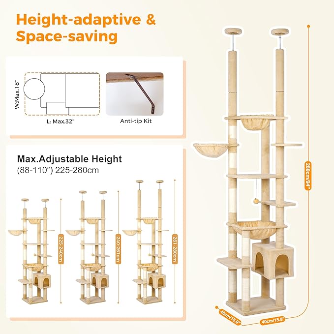 Floor to Ceiling Cat Tree Corner Cat Tower with Adjustable Height 88.9-109 inches (226-279cm) with Large Hammocks,Condo,Multi Platforms and Scratching Post for Indoor Cats-Beige Dual Posts