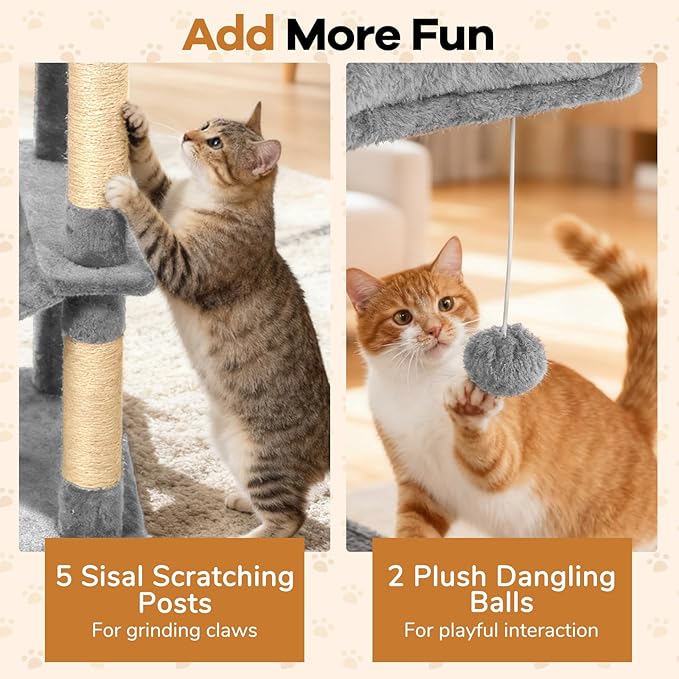 DORTALA 75" Tall Modern Cat Tree, Multi-Level Cat Tower with Large Condos, Sisal Scratching Posts, Top Perch, Hammock, Dangling Balls, Kitten Beds & Climbing Furniture for Indoor Cats (Light Grey)