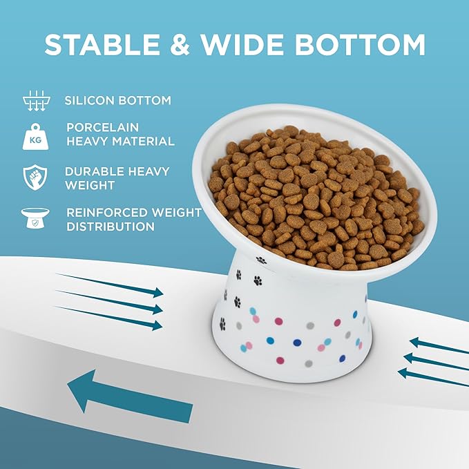 Necoichi Raised Cat Food Bowl – Ceramic Elevated 15° Tilted Cat Bowl for Whisker Fatigue Dishwasher Microwave Safe, Non-Slip Anti Vomiting Design (Colorful Dots, Extra Wide Tilted, 1.5-Cup Capacity)