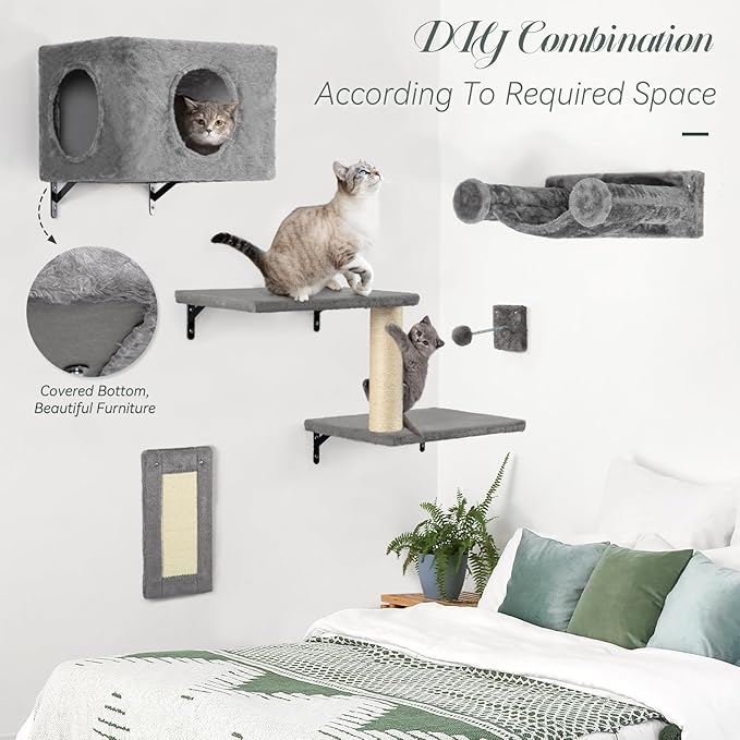 NUNU LAB 5-in-1 Cat Wall Shelves, Wall Mounted Cat Furniture Set, Cats Wall Furniture, Wall Cats Climbing, Cat Wall Bed, with Hammock, Shelves, House, Steps, Scratcher (C-KM062)
