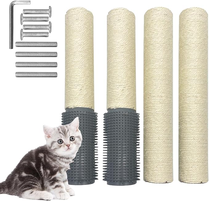 Fhiny 4PCS Cat Scratching Post Replacement with Groomer, 15.7" Natural Sisal Spare Extension Scratch Post for Cats Tree DIY Craft Climbing Perch Hemp Rope Scratcher Perch Parts White