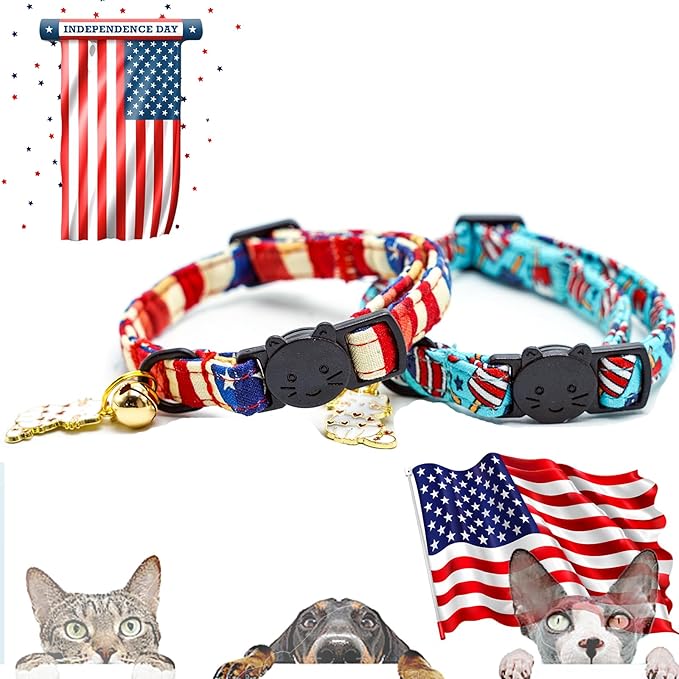 Elegant little tail Independence Cat Collar- 2 Pack Flag Print Cotton Breakaway Cat Collars with Bell Pendant Kitten Boy Girl Safety Adjustable Collar for Small Cats Puppy