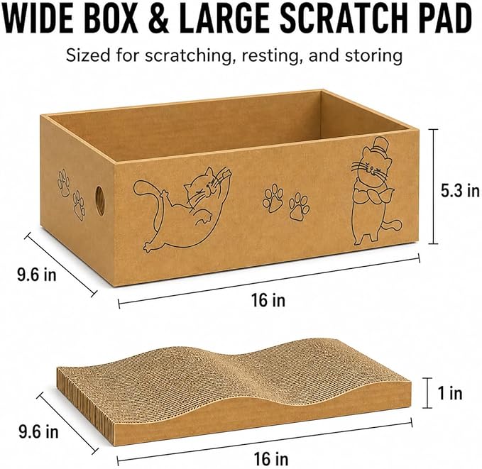 5 Packs Cat Scratcher Set with Storage Box, 2 Wave Lounge Pads + 3 Flat Corrugated Cardboard Scratch Pads for Indoor Cats, Replaceable Scratch Boards to Protect Furniture