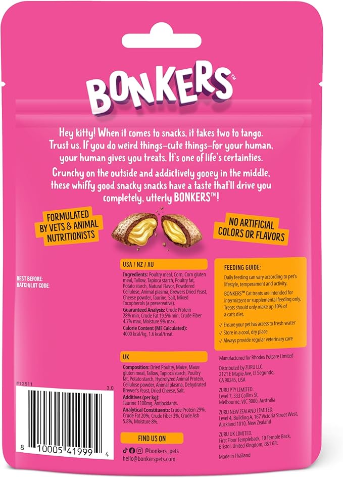Bonkers Bites Paw Lickin' Chicken Flavor Crunchy & Soft Treats for Cats, 3oz Bag (Pack of 10)