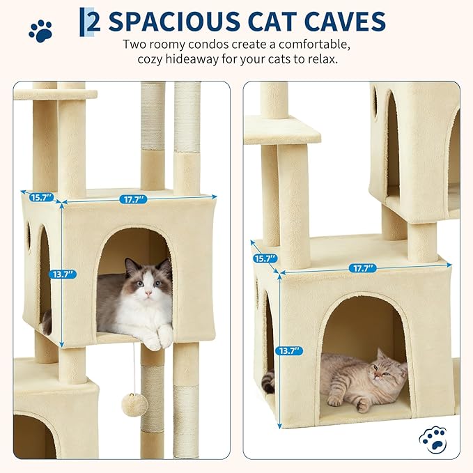 61.4 Inch Cat Tree, Large Cat Tower with Sisal Scratching Posts, 2 Spacious Cat Beds, Hanging Ball & Top Perch, Ideal for Large Indoor Adult Cats, Beige
