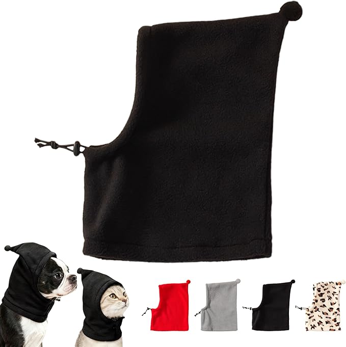 Pet Neck Warmer with Hat, Leopard Print, Adjustable Drawstring, Soft Polyester, for Dogs and Cats (Black, Medium)
