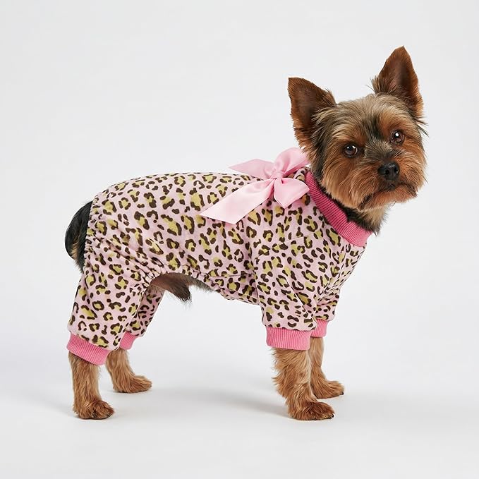 Fitwarm Leopard Dog Pajamas, Fleece Dog Clothes for Small Dogs Girl with Legs, Pet Onesie, Cat Outfit, Pink, XL