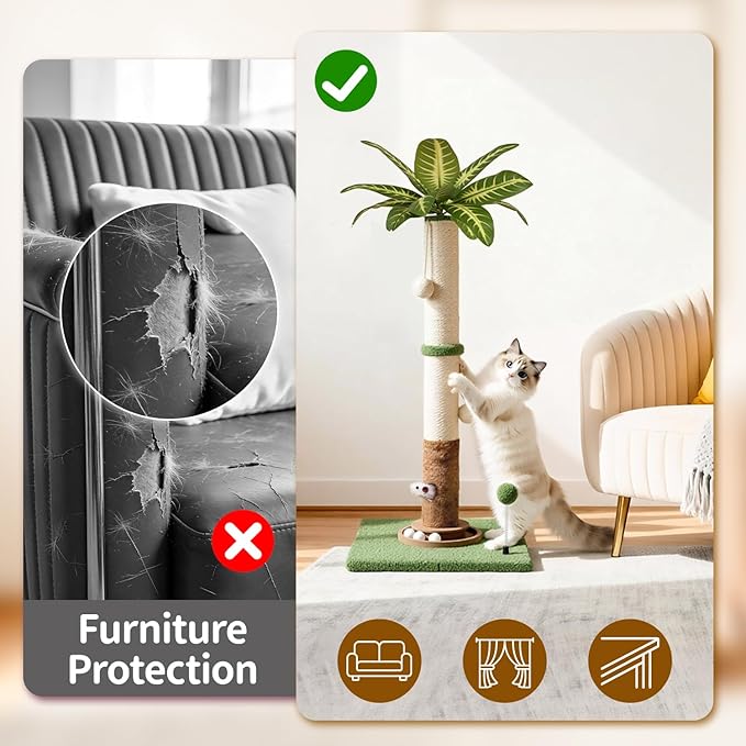 Cat Scratching Post Tall Vertical for Indoor Cats, 35" Palm Tree Leaves Sisal Pole for Large Cats Kittens, Heavy Duty Wooden Carpet Pole with Interactive Track Balls, Furniture Protection
