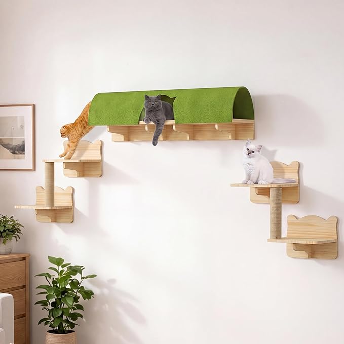 7-in-1 Cat Wall Shelves, Multi-Level Solid Wood Cat Furniture for Wall, Floating Cats Wall Shelves Set, Cat Climbing Wall Systems with Scratching Post and Tunnel, Burlywood