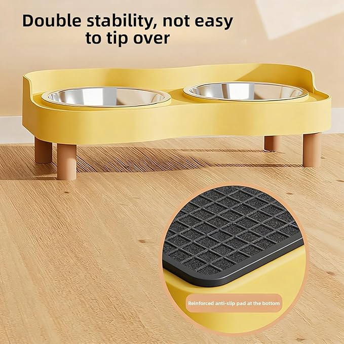 Cat Food Bowl, Elevated Cat Feeding Station Splashing Proof Raised Dish with 2 Stainless Steel Bowls for Pet Small Animals