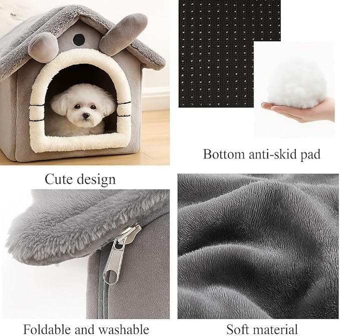 Cat House Bed for Indoor Cats, Covered Plush Cat Cave with Washable Cushion Pillow, Warm Kitten Tent Bed for Small Pets