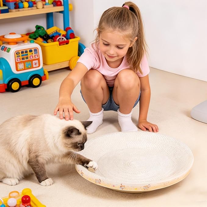Cardboard Cat Scratcher - Protects Furniture & Soothes Your Cat | Oval/Round Scratching Pad with Non-Slip Bottom | for Indoor, Apartments, Living Rooms, Durable Cardboard, Cats Bed & Toy