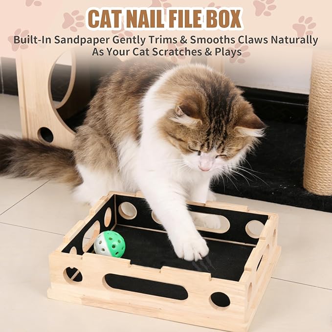 Cat Scratch Puzzle Enrichment Box, Smooth Solid Wood Cat Nail File Enrichment Box with Built-in Sandpaper, Cat Nail File Box Stress Free Alternative to Clippers & Grinders(No Bell Ball)