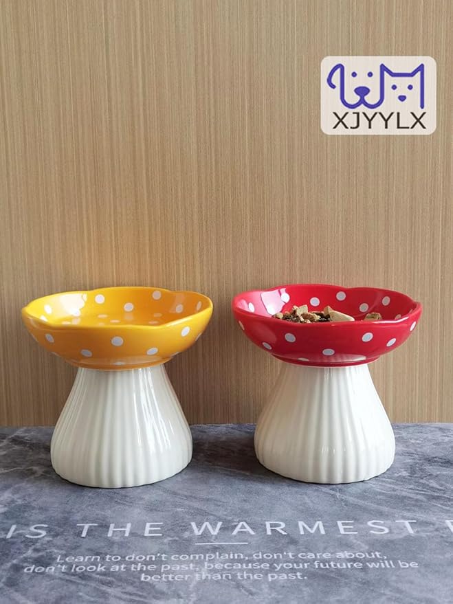 Mushroom Elevated Cat Bowls Ceramic 2 Pack, Raised Cat Bowl for Indoor Cats, Cute Whisker Fatigue Cat Bowl, Raised Dog Bowls Stand for Food and Water, Red+Yellow 6" Wide for Adult Cats