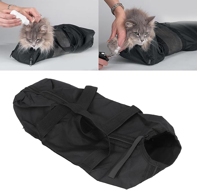 Fockety Cat Grooming Bag, Oxford Cloth Pet Bathing Restraint Bag with Front & Rear Zippers, Handles & Hanging Hook, 46x24cm Cat Restraint Bag for Bathing, Nail Trimming, Injections